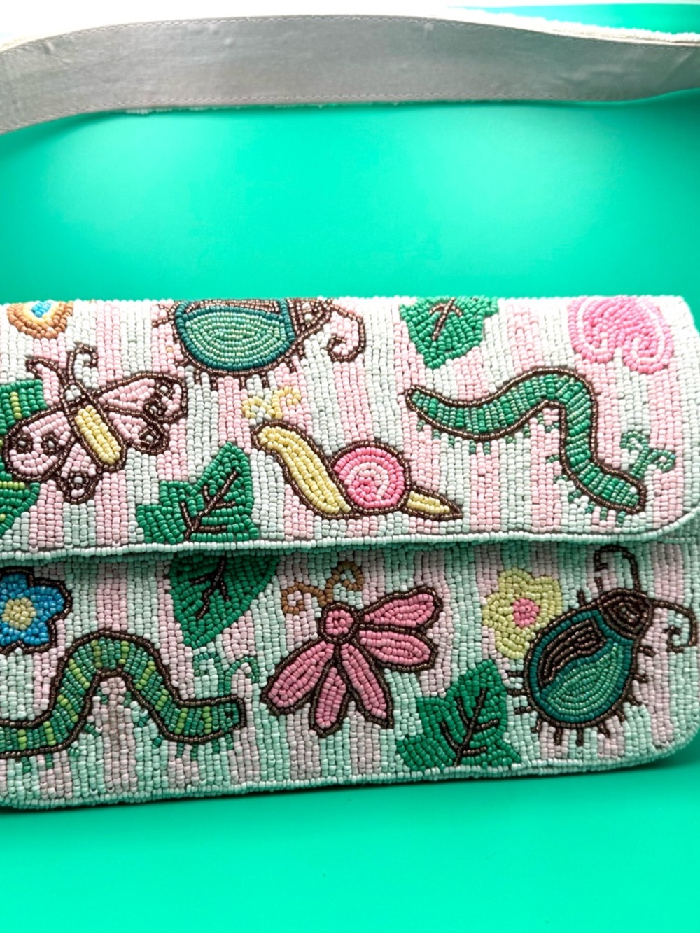 NEW! T.J.Maxx Pink & Green Beaded Bug/Insect Shoulder Bag